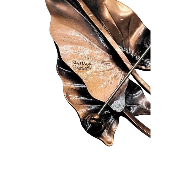 Matisse Renoir Brooch Large Vintage Signed Copper & Enamel Double Leaf Pin - Picture 8 of 10